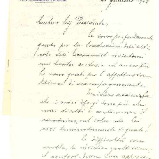 Typed letter signed and addressed to the Treasure Minister Giuseppe Pella. From Rome, 14 April 1951