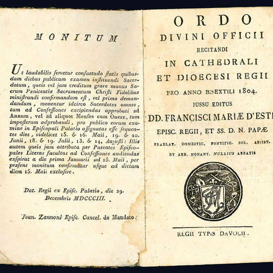 Ordo Divini Officii recitandi in Cathedrali et Dioecesi Regii pro anno bixestili 1804.