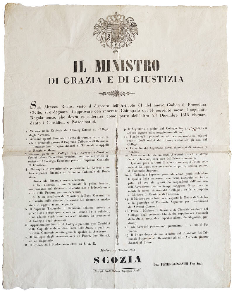 Il Ministero di Grazia e di Giustizia. Modena, 20 Ottobre 1852