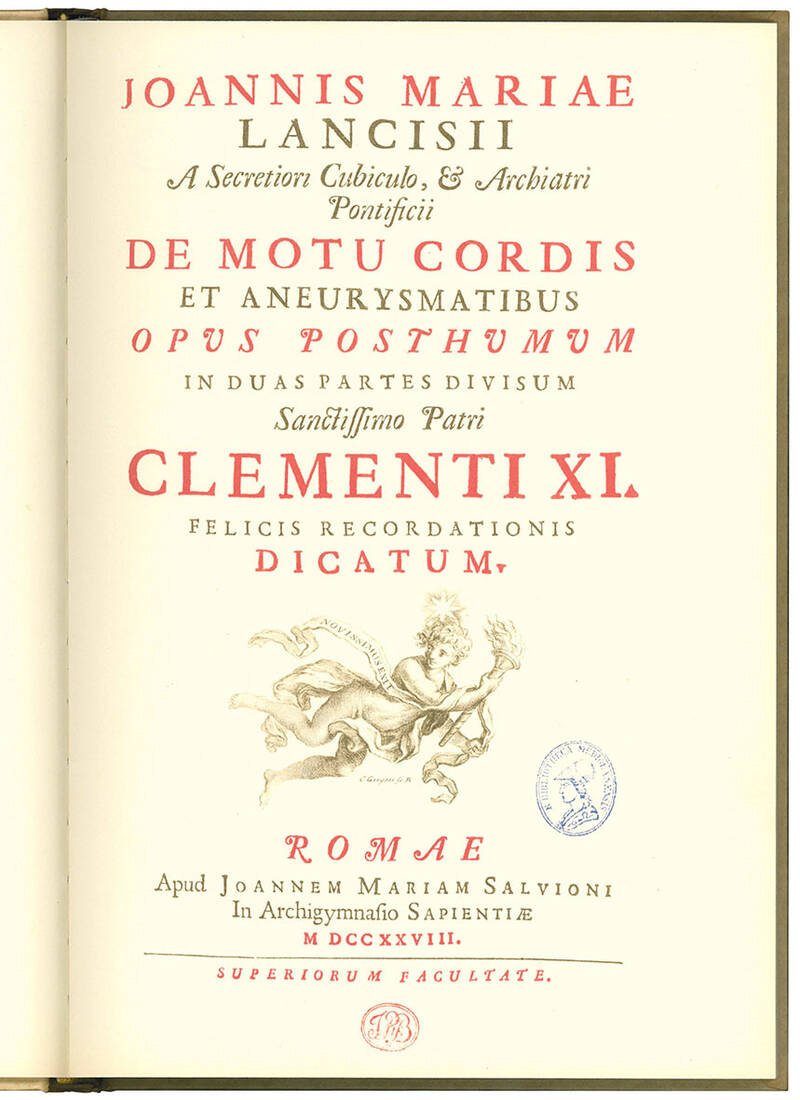 De motu cordis et aneurysmatibus. Opus posthumum in duas partes divisum. Sanctissimo Patri Clementi XI. felicis recordationis dicatum. Romae, Apud Joannem Mariam Salvioni, In Archygmnasio Sapientiae, 1728. Riproduzione anastatica eseguita sull'originale.