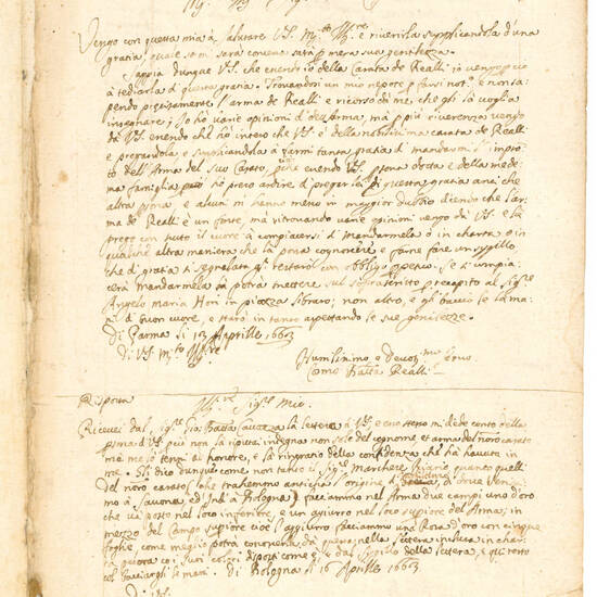 Manoscritto araldico illustrato in italiano. Bologna o Parma, fine XVII secolo.