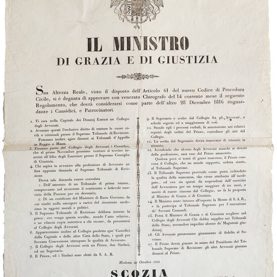 Il Ministero di Grazia e di Giustizia. Modena, 20 Ottobre 1852