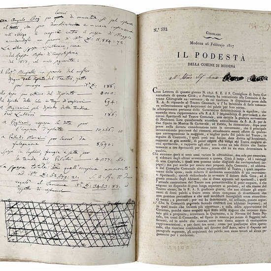 Memorie storico-cronologiche dei Teatri di Modena di Alessandro Gandini. Parte prima [-seconda]. 1866. Manoscritto autografo su carta. [Modena, ca. 1866-1871]