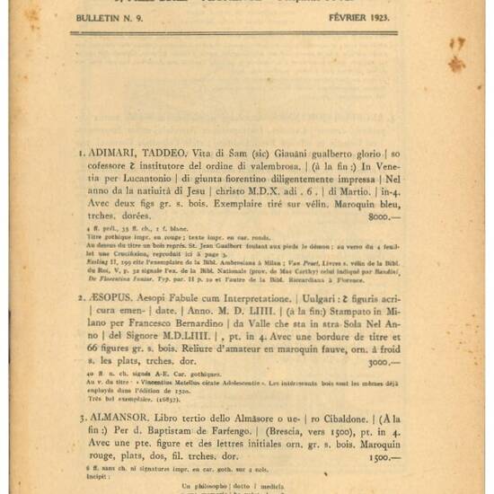 Libraire ancienne T. de Marinis. Bulletin n. 9 Févrrier 1923.