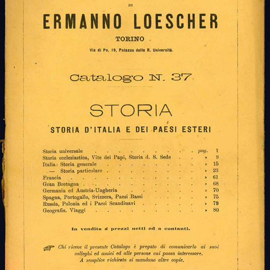 Libreria antiquaria di Ermanno Loescher. Catalogo.