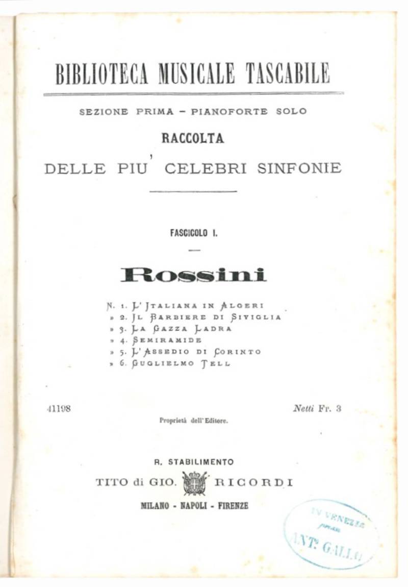 Sezione prima - Pianoforte solo. Raccolta delle più celebri sinfonie.