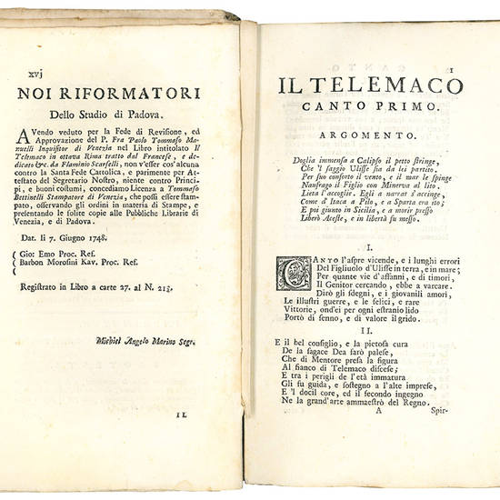 Il Telemaco in ottava rima tratto dal francese, e dedicato alla maestà cristianissima di Lodovico XV. da Flaminio Scarselli [...] Parte prima [-seconda]